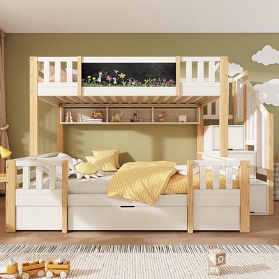 BLACKCOLORS Stapelbed voor 3 kinderen 90x200 & 140x200 van massief hout met schoolbord, trap met opbergruimte, 2 lades en ladderkast, stabiel hoogslaper/stapelbed voor tieners, naturel wit
