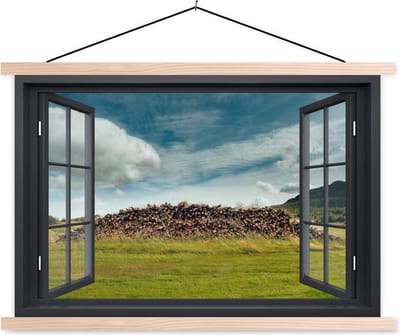 Posterhanger incl. Poster 150x100 cm - Schoolplaat - Doorkijk - Hout - Gras - Textielposter - Blanke latten