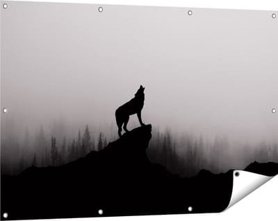 Gards Tuinposter Silhouet van een Huilende Wolf - Abstract - 120x80 cm - Tuindoek - Tuindecoratie - Wanddecoratie buiten - Tuinschilderij