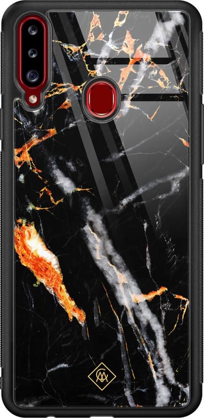 Casimoda® hoesje - Geschikt voor Samsung Galaxy A20s - Marmer Zwart Oranje - Luxe Hard Case Zwart - Backcover telefoonhoesje - Zwart