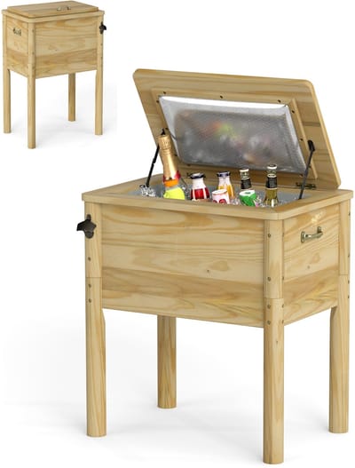 KOMFOTTEU Koelbox Coolbar - Koel Boks 51 L - Koelbox - Mobiele buitenbar - 67 x 47 x 74 cm - grenenhout - voor terras, party