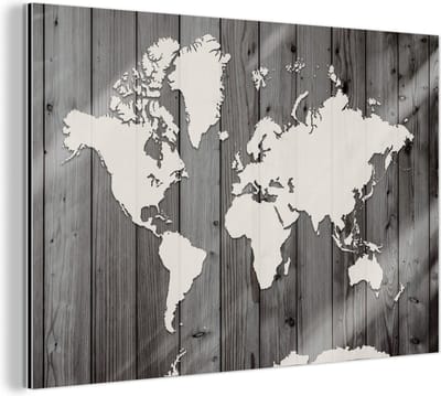Wanddecoratie Metaal - Aluminium Schilderij Industrieel - Wereldkaart - Hout - Zwart - Wit - 120x80 cm - Dibond - Foto op aluminium - Industriële muurdecoratie - Voor de woonkamer/slaapkamer