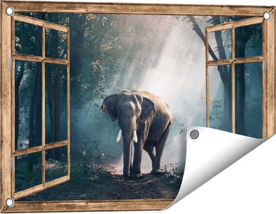 Gards Tuinposter Doorkijk Olifant in het Bos met Zonneschijn - 60x40 cm - Tuindoek - Tuindecoratie - Wanddecoratie buiten - Tuinschilderij