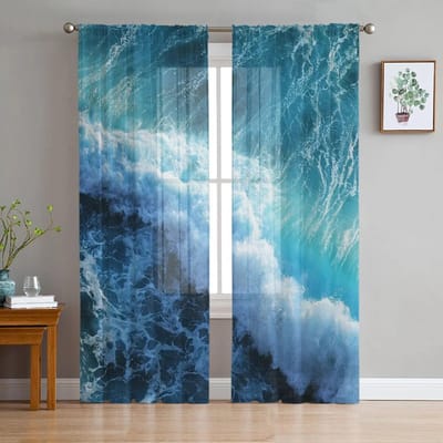 Blauwe Zee Golven Tule Gordijnen voor Woonkamer Draperieën Raam Transparant Modern Gordijn voor Slaapkamer Decor 135W x 114H(cm) blue
