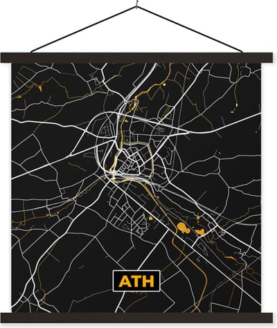 Posterhanger incl. Poster 60x60 cm - Schoolplaat - Ath - Plattegrond - Goud - Kaart - Stadskaart - Textielposter - Zwarte latten - Stadskaart