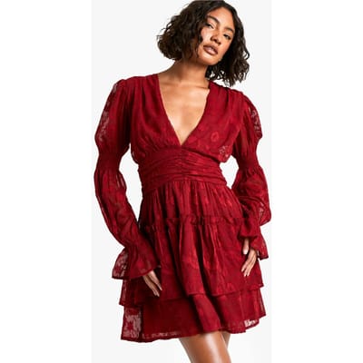 boohoo Dames Lange Paisley Burnout Pofmouw Geruched Skaterjurk | Rood | Maat: 32