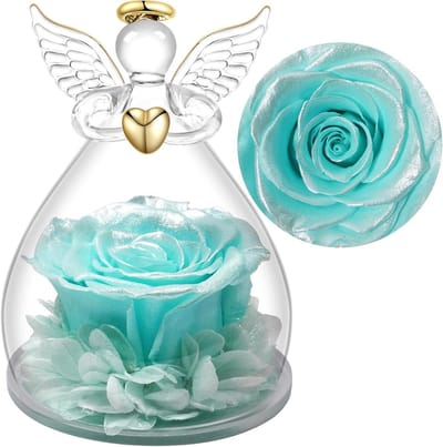 Eeuwige Roos - Geschenken voor Vrouwen - Liefde Tonen - Glazen Engel Beeldje - 7x7x10.5cm - Parelmoer Lichtblauw