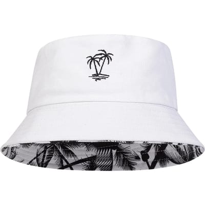 Unisex bucket hat met kokosboomborduurwerk, dubbelzijdig te dragen, visserspet, casual outdoorpet, zonnebrandcrème. wit