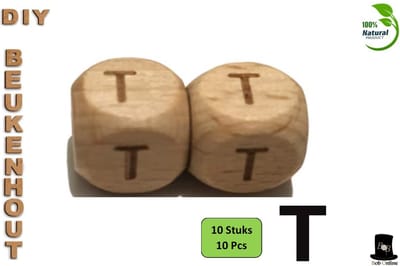 Bob Online ™ - Setje van 10 Stuks - ‘T’ Vierkant Beukenhout Kralen 12mm met ca. 3.5mm Gaatje – Houten Letter Kubus Kralen – DIY Houten Alfabet Kralen Laser Gegraveerd – 12mm Beech Wood ‘T’ Lazer Engraved Letter Beads – Doe-het-zelf Alfabet Kralen