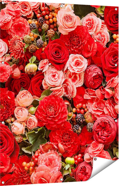 Gards Tuinposter Rode en Roze Bloemen met Fruit - Abstract - 90x120 cm - Tuindoek - Tuindecoratie - Wanddecoratie buiten - Tuinschilderij