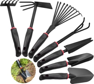 7-delige tuingereedschapsset - cultivator rake schop tuinieren antislip transplanterijen bloemenhark zaailingen grootte voor verplanten en onderhoud