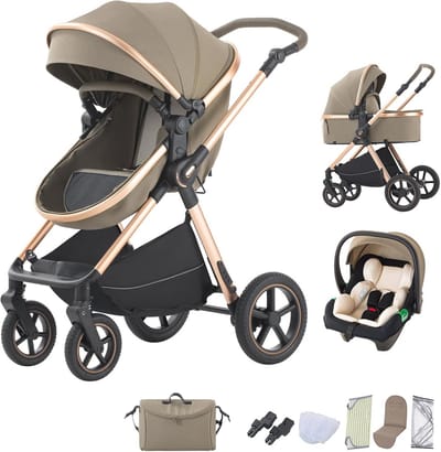 3-in-1 Kinderwagenset voor Pasgeborenen - Luxe Opvouwbare Combi-Kinderwagen