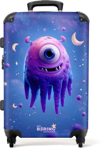 NoBoringSuitcases.com - Grote koffer - Paars monster in de ruimte - Kinderkoffer geschikt voor jongen en meisjes - Reiskoffer met 4 wielen - Trolley op wieltjes - Rolkoffer groot kinderen - 72 liter - Ruimbagage valies 20kg