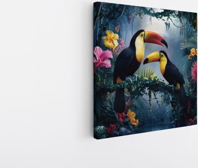 Saammp Canvas Schilderij - 2 toekans tussen de bloemen - Dieren - Bloemen - 20x20 - Foto op canvas - Wanddecoratie - muurdecoratie Woonkamer - Slaapkamer decoratie - Canvas Print
