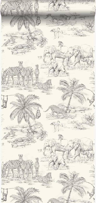 Origin Wallcoverings behang jungle dieren ivoor wit en grijs - 53 cm x 10.05 m - 347442