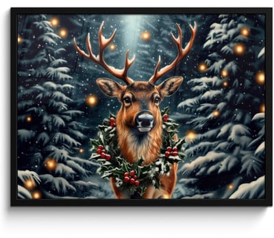 Poster in lijst - Fotolijst 80x60 cm - Posters - Kerst - Magie - Bos - Kleurrijk - Posterlijst zwart - Decoratie - Wanddecoratie woonkamer - Muurdecoratie slaapkamer - Kerstversiering - Kerstdecoratie voor binnen - Kerstmis
