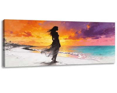 Canvas Schilderij - Tropische Zonsondergang Vrouw op Strand - 120x50 cm -Natuur wanddecoratie - Muurdecoratie luxe - Schilderijen op canvas - Wanddecoratie woonkamer