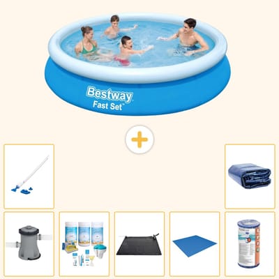Bestway Rond Opblaasbaar Fast Set Zwembad - 366 x 76 cm - Blauw - Inclusief Pomp - Onderhoudspakket - Solar Mat - Grondzeil - Filter - Stofzuiger - Solarzeil - 8-delig