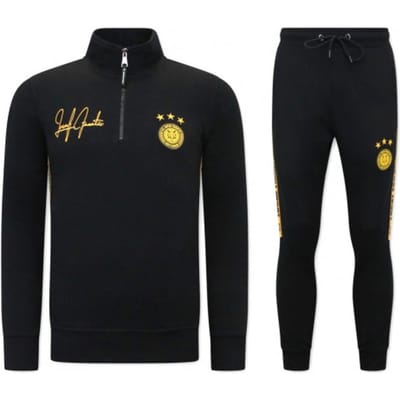 Heren Joggingspak - Half Zipper, Double Ribbon - Zwart / Geel