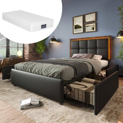 Bedframe met LED-verlichting en 4 lades, eenpersoons gestoffeerd bed 90x200cm, in hoogte verstelbaar hoofdeinde, functioneel bed, PU zwart (inclusief matras)