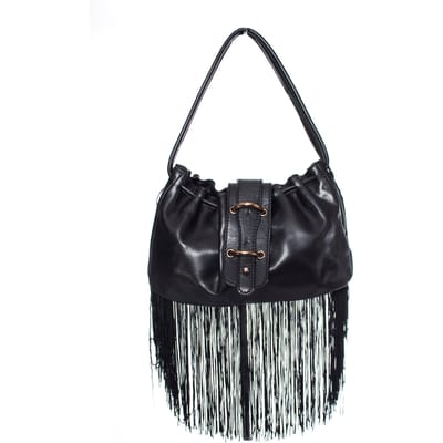 Emporio Armani, vintage zwarte leren handtas met franjes.