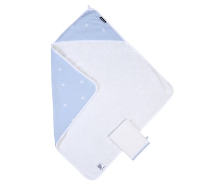 Childhome Badcape + Washandje – Flower Collection – 80x80 cm – Wit/Blauw – Extra Zacht & Absorberend – 100% Katoen