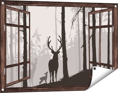 Gards Tuinposter Doorkijk Herten in het Bos - Silhouet - 90x60 cm - Tuindoek - Tuindecoratie - Wanddecoratie buiten - Tuinschilderij