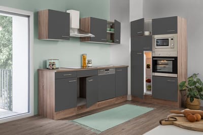 Goedkope keuken 340  cm - complete keuken met apparatuur Oliver  - Donker eiken/Grijs   - keramische kookplaat - vaatwasser - afzuigkap - oven - magnetron  - spoelbak