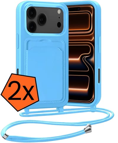 Hoesje Geschikt voor iPhone 17 Pro / 18 Pro Hoesje Met Telefoonketting Pasjeshouder Case Koord - Hoesje Geschikt voor iPhone 17 Pro / 18 Pro Hoes Met Kaarthouder - Lichtblauw - 2 PACK