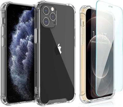 HB Hoesje en Glas Geschikt voor Apple iPhone 12 / 12 Pro - Hoesje - Transparant - Anti Shock Hybrid Back Cover + 1x Glazen Screenprotector