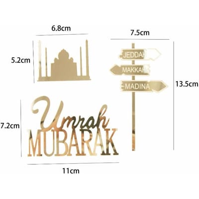 3-delige set Gouden Moslim Umrah Mubarak Topper Hajj Mubarak Taarttopper En Bedeltje