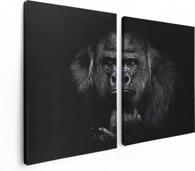 Artaza Canvas Schilderij Tweeluik Gorilla - Zwart Wit - 120x80 cm - Wanddecoratie Woonkamer - Schilderijen - Muurdecoratie
