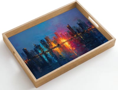 Dienblad hout 50x35 cm - Schootdienblad - Skyline - Penseelstreken - Donkerblauw - Lichtgevend - Borrelplank rechthoek - Plateau dienbladen