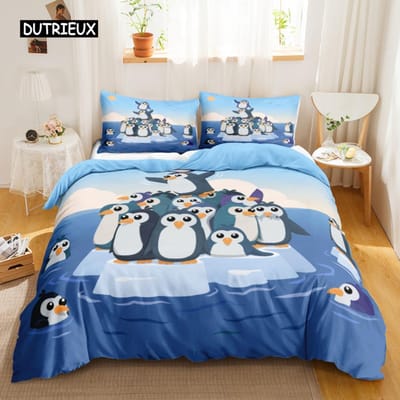 Pinguïn Dekbedovertrek Antarctische Dieren Dekbedovertrek voor Kinderen Jongens Meisjes Cartoon Stijl Eenpersoons Maat Winter King Polyester Dekbedovertrek AU Queen(210x210cm)