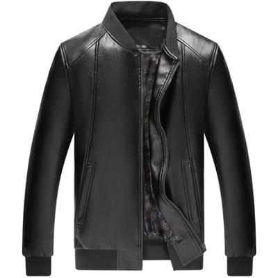 Veste en cuir d'âge moyen Veste pour homme Col rond Printemps et automne Mince Boyfriend Moto Veste en cuir 60 black
