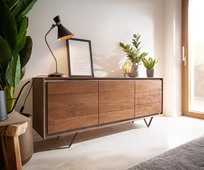 Dressoir Stonegrace acacia bruin steenfineer 175 cm 2 deuren 3 laden V-poot zwart Dressoir
