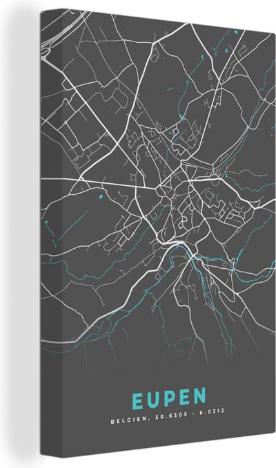 Canvas Schilderij Plattegrond – Eupen – Blauw – Stadskaart - Kaart - 20x30 cm - Wanddecoratie