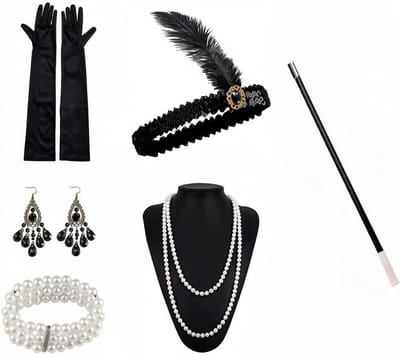 Elegante 1920s Accessoires voor Vrouwen: 6-delige Set met Veren Haarband, Satijnen Handschoenen en Parelketting voor Gatsby Avond- en Halloweenfeest Kostuums