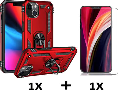 HB Hoesje Geschikt voor Apple iPhone 13 - Rood / Glazen Screenprotector - Anti-Shock Hybrid Armor Back Cover - Hoes met Kickstand Ring