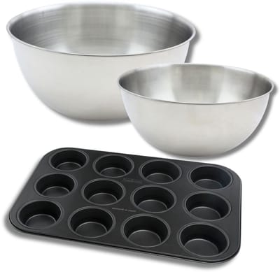 Set bestaande uit 1 Muffinvorm met 12 holtes, 1 spatel Zenker en 2 roestvrijstalen mengkommen Fackelmann