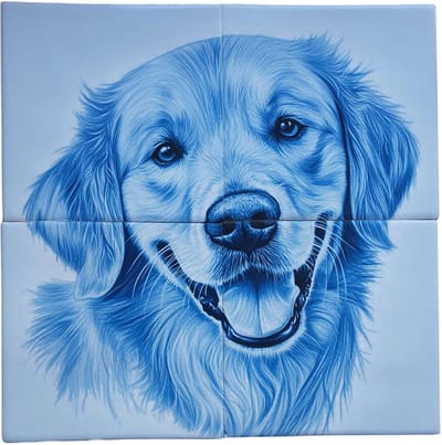 MadDeco Nederlands fabrikaat Delfts Blauwe Retriever op plateau van 4 tegels Friese Witjes 13 x 13 cm per tegel