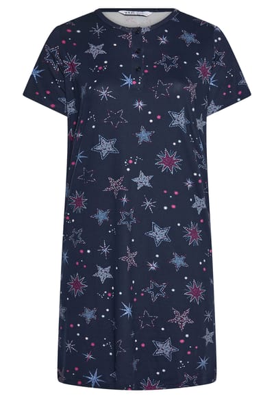 Yours Curve Marineblauw Midaxi Nachthemd Met Mozaïekprint Met Sterren En Knoopjes Size 40-42