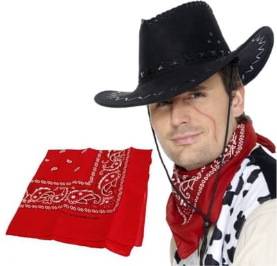 Cowboy verkleed set heren - Cowboyhoed zwart suede look - met rode western zakdoek - carnaval