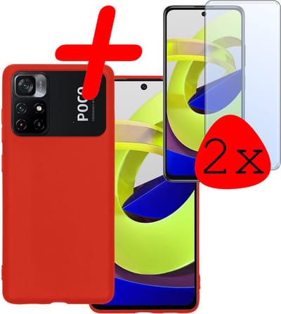 Hoesje Met 2x Screenprotector - Geschikt voor Xiaomi Poco M4 Pro 5G - Sterk & Shockproof - Back Cover - Siliconen Case - Telefoon Hoes - Rood