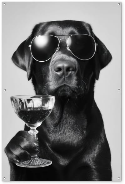 Tuinposter 120x180 cm - Tuindecoratie Hond - Zwart - Wijnglas - Zonnebril - Poster voor in de tuin - Buiten decoratie - Schutting tuinschilderij - Tuindoek muurdecoratie - Wanddecoratie balkondoek