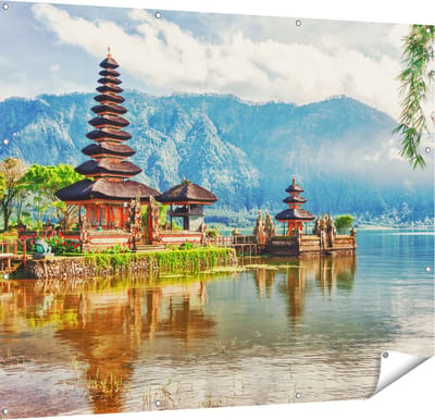 Gards Tuinposter Pura Tempel in Bali op het meer Beratan - 150x120 cm - Tuindoek - Tuindecoratie - Wanddecoratie buiten - Tuinschilderij