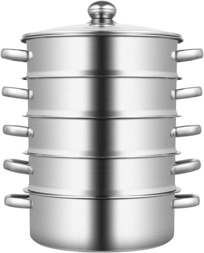 Stoompan met roosters - Stoomkoker stoomoven - Gezond koken - 4 stoomroosters - 26 cm - Zilverkleurig