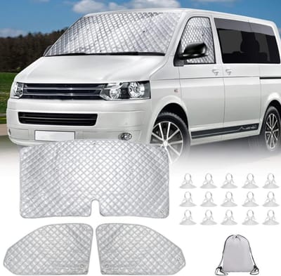 Famanu – Scherm voorruit - vervanging voor T5 T6 - 3 stuks zonneschermen - thermische - blinderende schermen voor in de camper - met opbergtas - set raamschermen voor Transporter