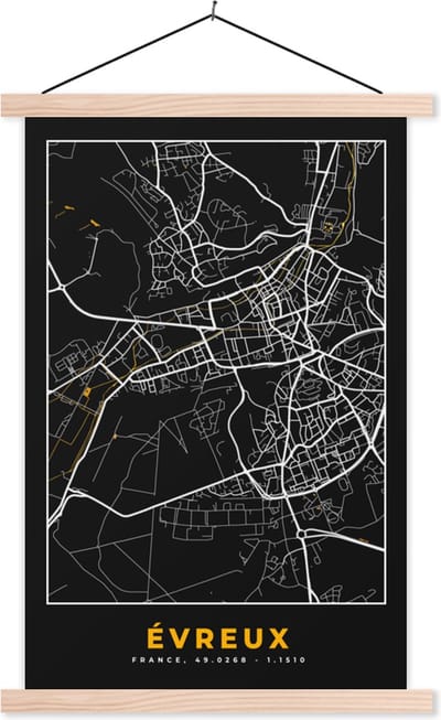 Posterhanger incl. Poster 40x60 cm - Schoolplaat - Kaart - Plattegrond - Frankrijk - Évreux - Stadskaart - Textielposter - Blanke latten - Stadskaart