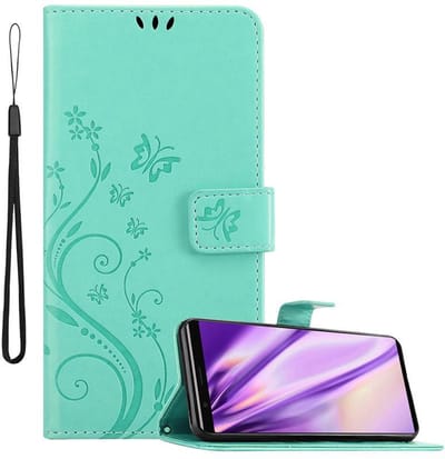 Cadorabo Hoesje geschikt voor Sony Xperia 5 in BLOEMEN TURKOOIS - Beschermhoes in bloemmotief met magnetische sluiting, standfunctie en kaartsleuven Book Case Cover Etui